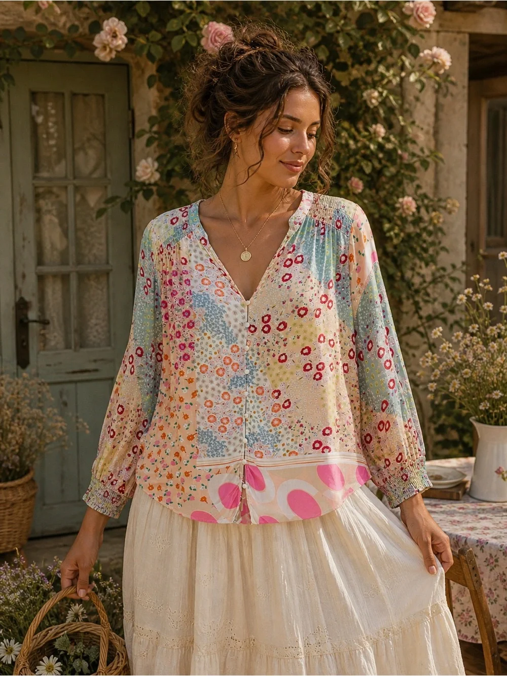 Rose & Olive Floral Mixed Media Smocked Cottagecore Boho Blouse Size L - Picture 1 of 8